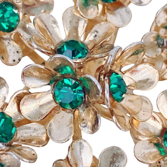 Vintage Signed Coro 1950s Brooch Green Rhinestone Floral Gold Tone Pin Sparkly - Picture 3 of 11